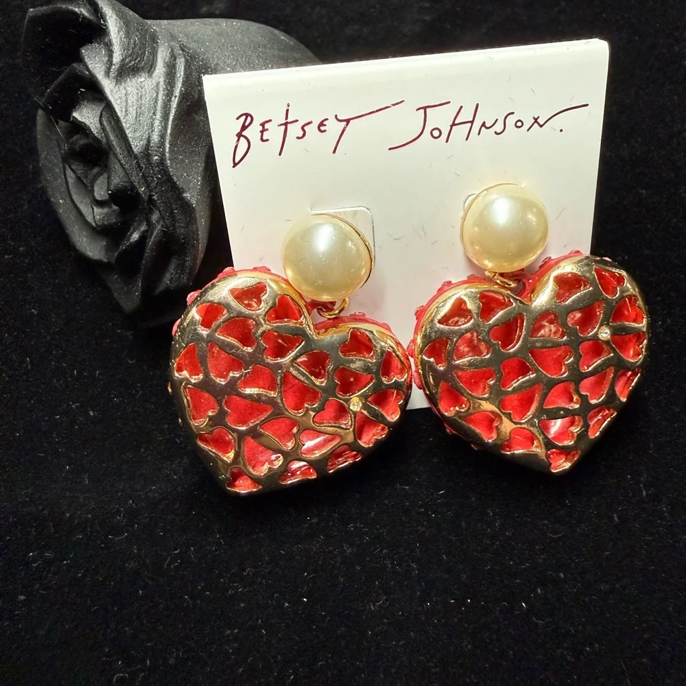 Betsey Johnson Red and Pearl Heart Earrings - Picture 2 of 5